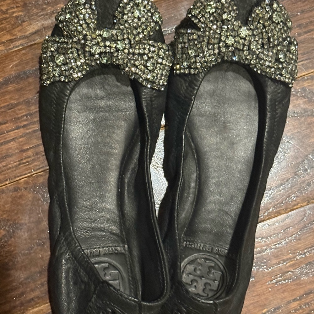 Tory Burch Black Flats with Crystal Bow